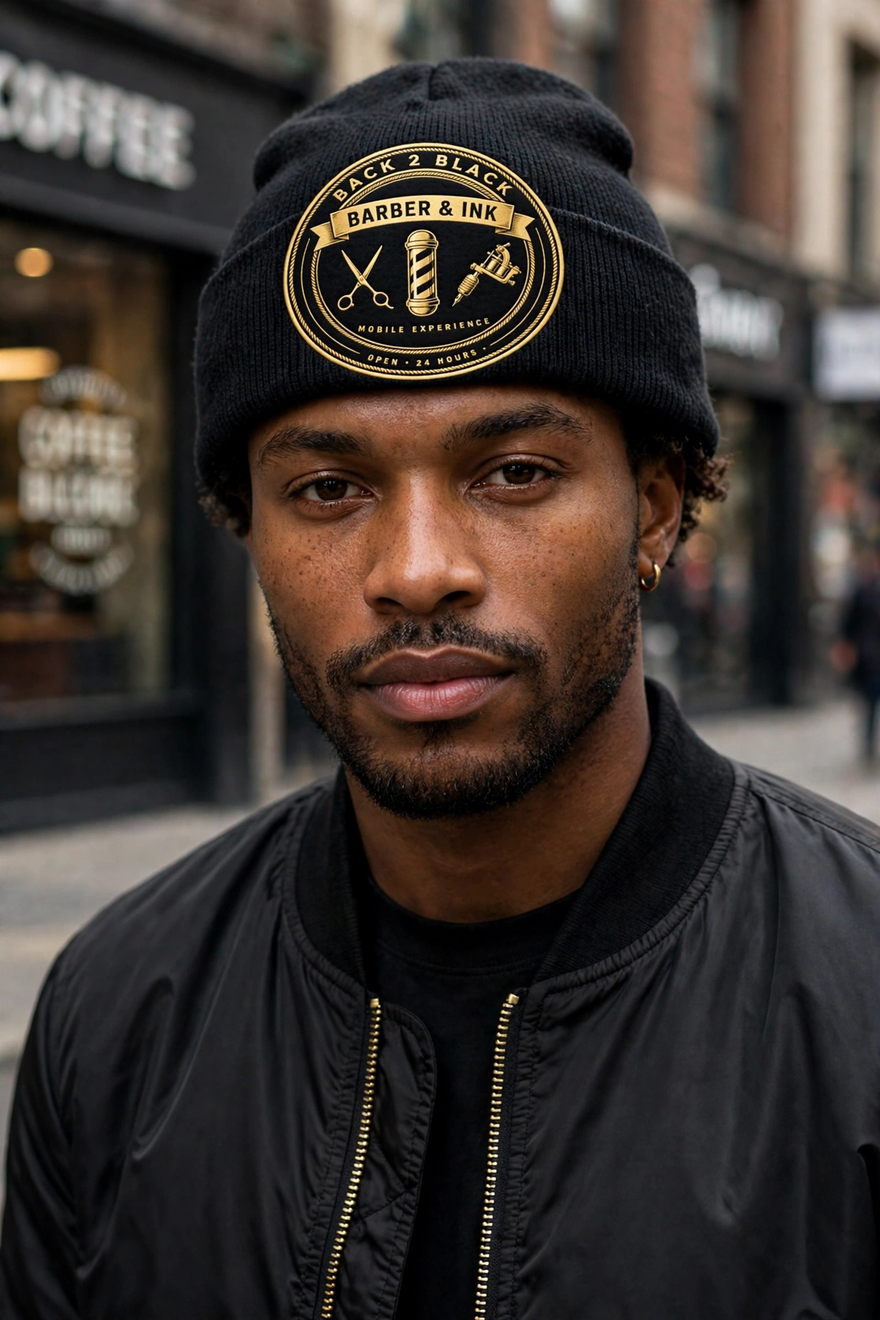 Back 2 Black beanie — model wearing the black beanie with the gold badge