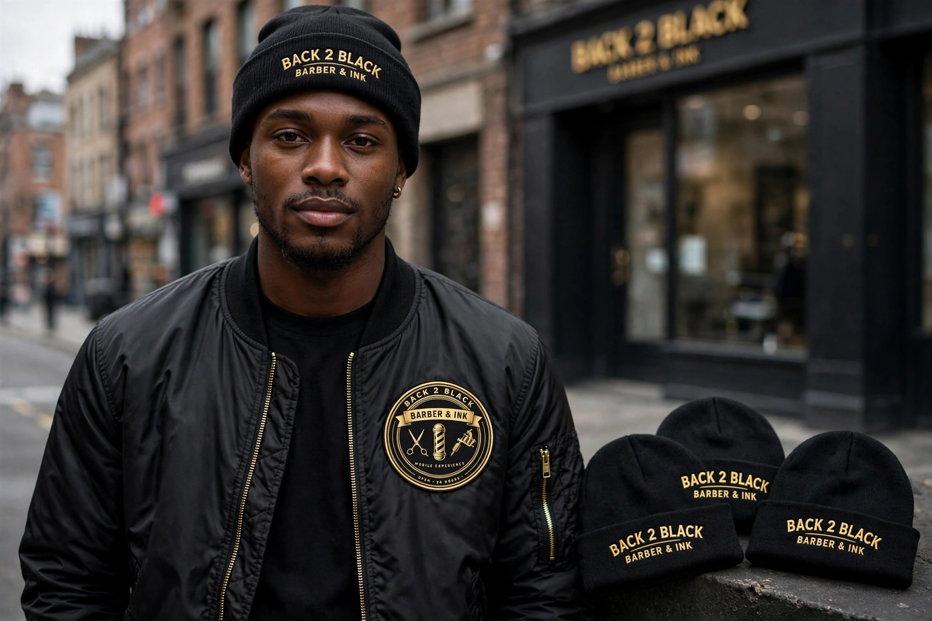 Back 2 Black bomber jacket with the gold badge on the chest, worn with a wordmark beanie