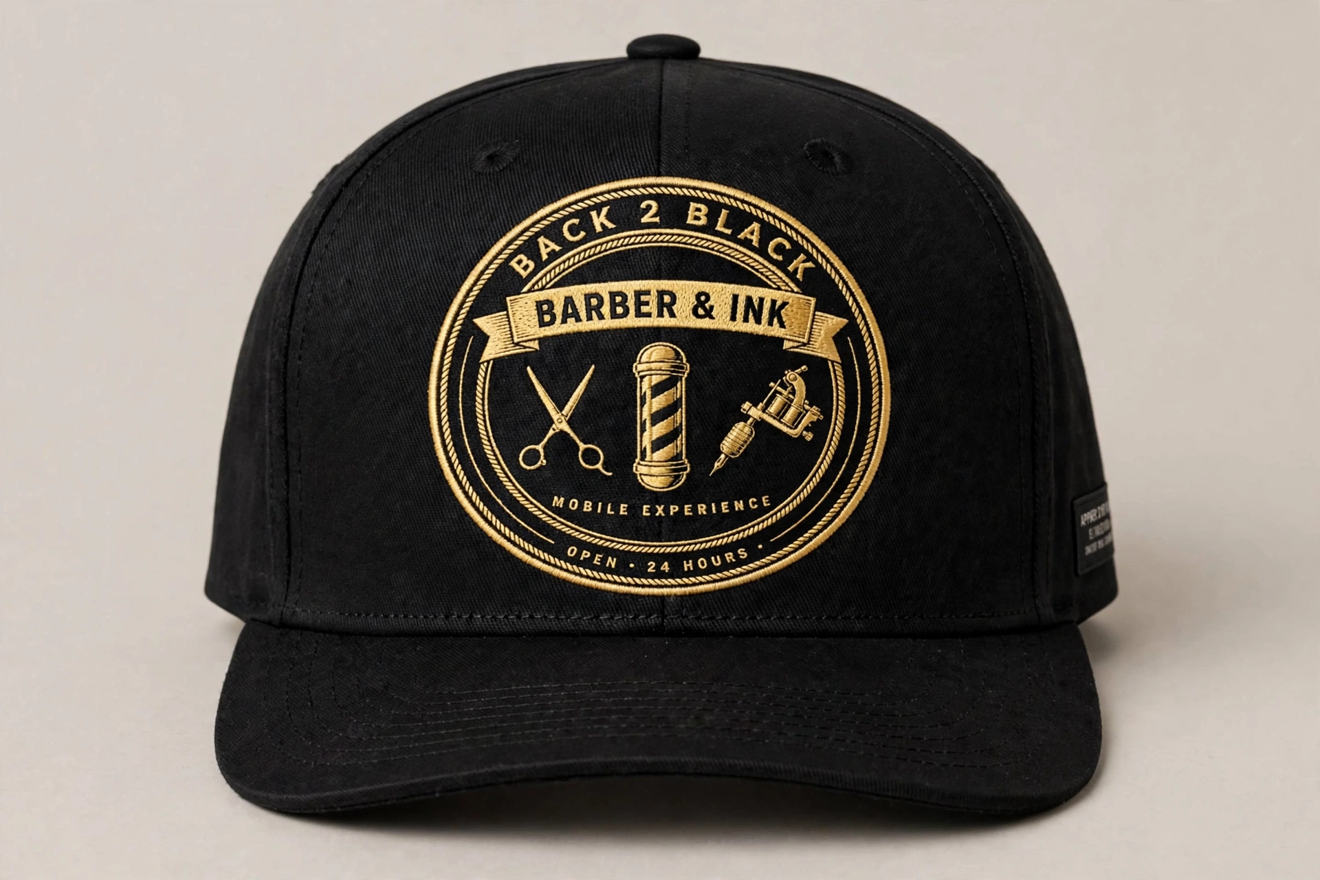 Back 2 Black snapback cap with the gold badge embroidered on the front