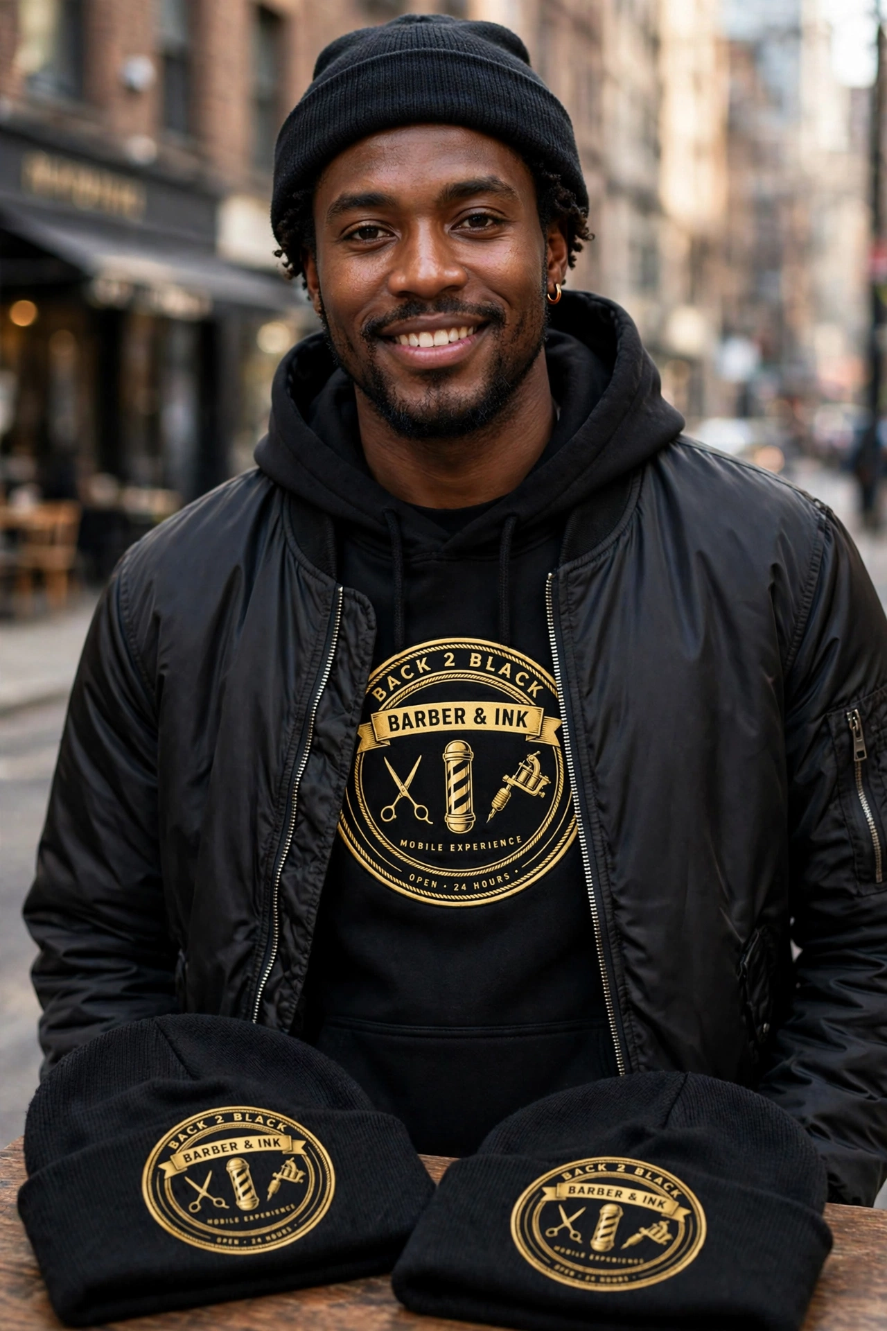 Back 2 Black hoodie — model wearing the black hoodie with the big gold badge