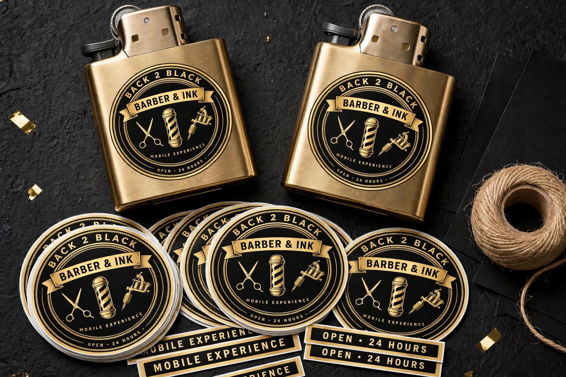 Back 2 Black promo items — branded lighters and round stickers with the gold badge