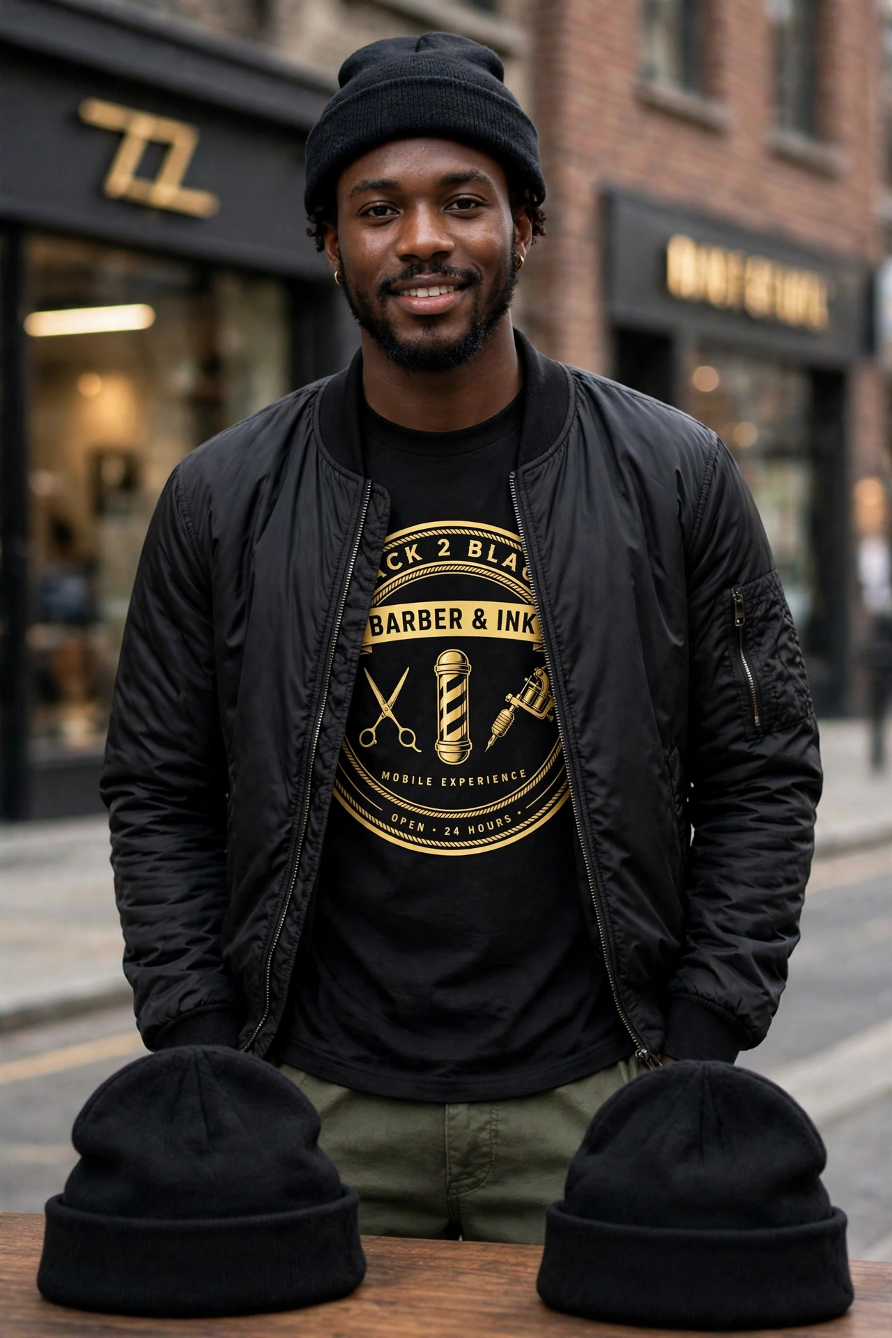 Back 2 Black signature tee — model wearing the gold badge tee under an open jacket
